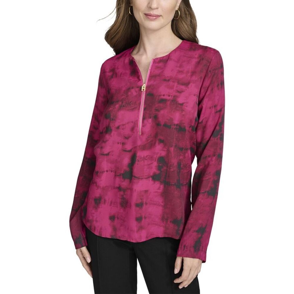 Halston Womens  Long Sleeve Quarter Zip Printed Blouse